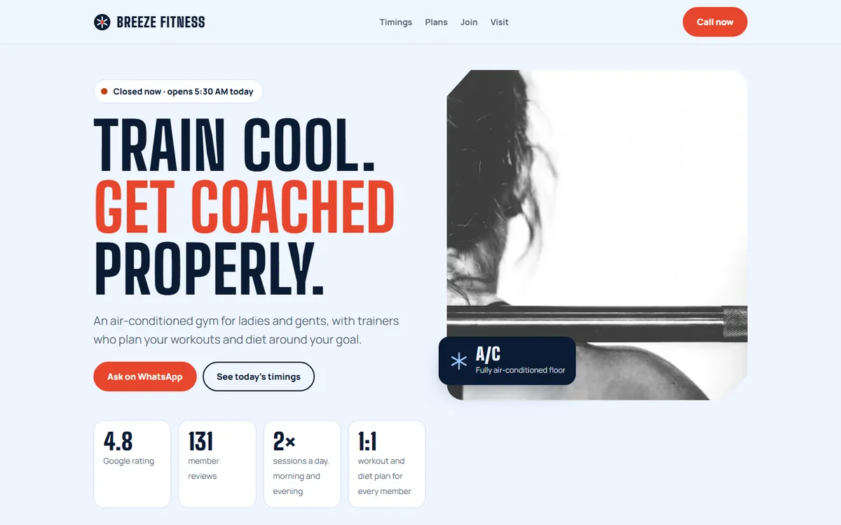 Fitness studio template on a desktop screen