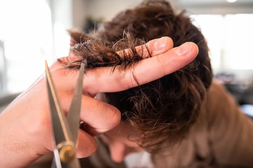 A stylist cutting a section of hair held between two fingers