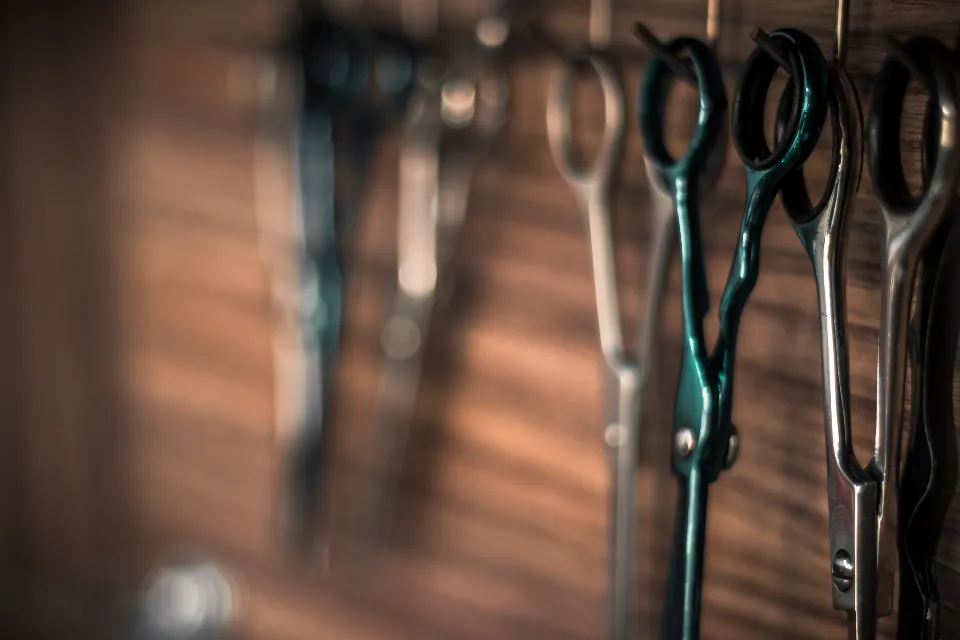 Haircutting scissors hanging on a wall